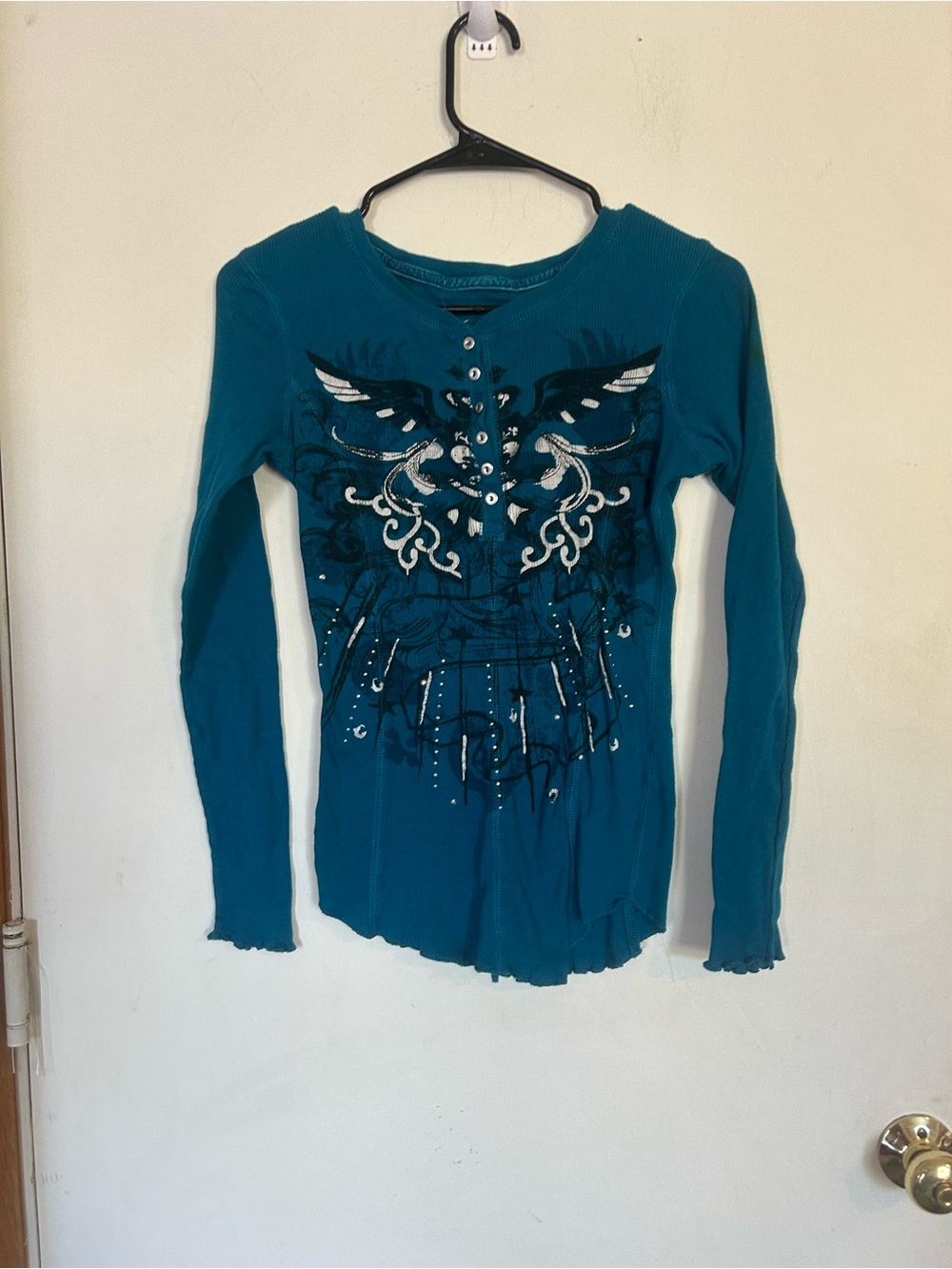 Y2K Currents 100% Cotton Teal Long Sleeve Ribbed Henley Top Size Small